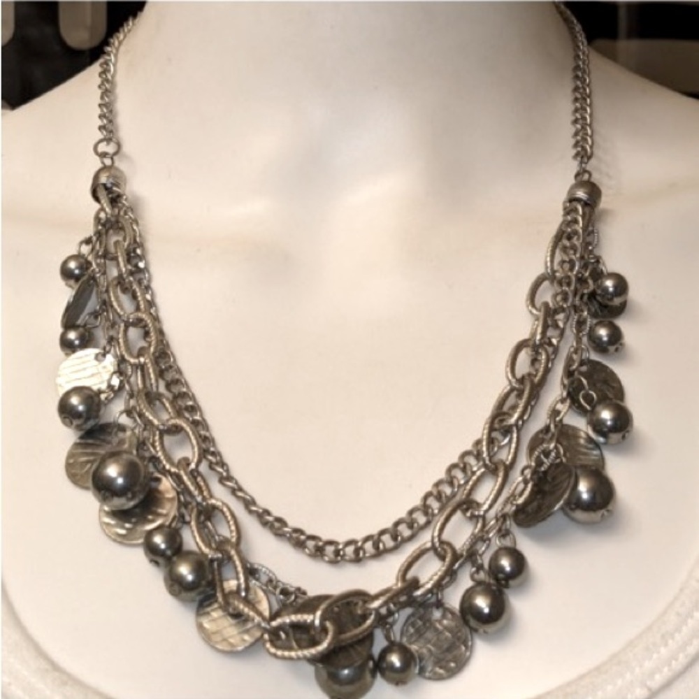 Silver Rocker Rebel Edgy Layered Bead Discs Coins Textured Chain Necklace - Picture 8 of 15
